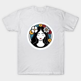 Simple Lineart of a Young Woman Surrounded by Flowers T-Shirt